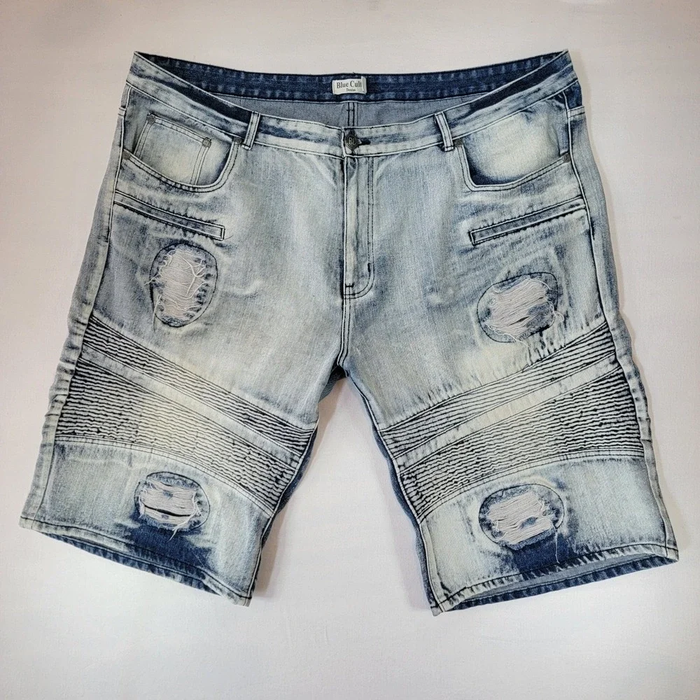 Blue Cult Denim Mens Moto Biker Shorts Light Wash Distressed Size 50 Streetwear